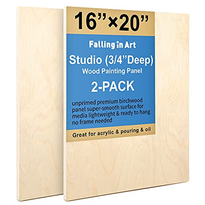 Unfinished Birch Wood Canvas Panels Kit, Falling in Art 2 Pack of 16x20’’ Studio 3/4’’ Deep Cradle Boards for Pouring Art, Crafts, Painting, and More - size: 16*20 2-pack