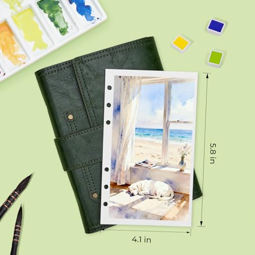 Lightwish Watercolor Sketchbook, 100% Cotton 300gsm Acid Free Hot Press, 6.69" x 3.94", 20 Sheets, Binder Bound & Refillable Paper for Artists,Adults,Students, Travel Art Journal - color: Green