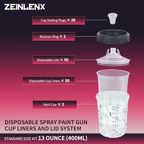 Disposable Paint Gun Cups for Spray Gun, 13oz(400ML) 50 Liners Kit | 50 Pack Disposable Liners and Lids For HVLP & LVLP Automotive Spray Gun, Car Painting, and Furniture - size: 13 ounce