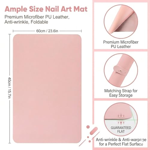 2 PCS Nail Art Table Mat, Soft Microfiber PU Leather Nail Pad, Foldable Nail Art Rest Pad, Reusable Nail Mat for Table Desk, Acrylic Nail Desk Mat for Nail Cushion (Pink and White) - color: Pink and White