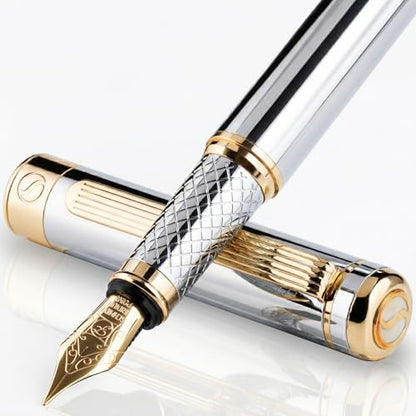 Scriveiner Silver Chrome Fountain Pen - Stunning Luxury Pen, Real Gold Finish, Schmidt Gilded Nib (Fine), Best Gift Set for Men & Women Professional Executive Office Fancy Nice Designer Pen - color: 10. Silver Chrome with Gold, style: Fine Nib