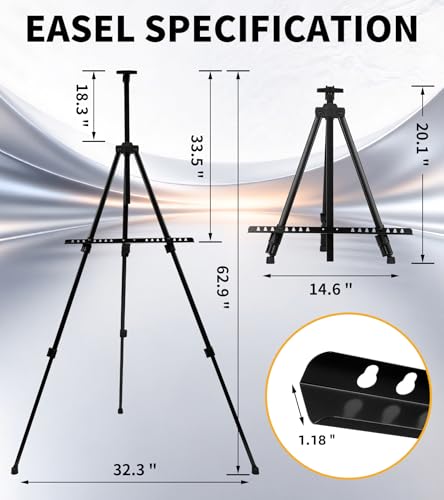 Art Painting Artist Easel Stand, Portable Adjustable Easels with Carry Bag,Tripod Display Easel Height from 17 to 63 Inch for Table-Top/Floor Displaying and Wedding Signs, Black