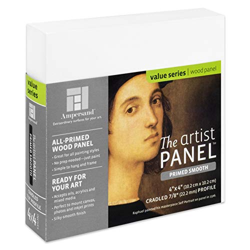 Ampersand Art Supply Primed Smooth Artist Panel | 4" x 4" | 7/8" Cradled Profile | Gessoed Wood Painting Panel for Oil, Acrylic & Mixed Media | Canvas Board & Wood Panel Alternative - color: 7/8" Cradled Profile, size: 4" x 4"