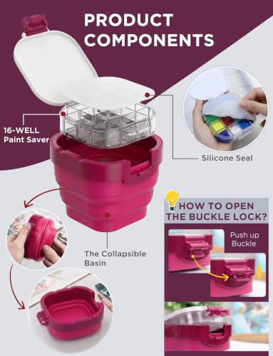 16-Well Airtight Gouache Palette Box with Lid & Foldable Water Cup, Pink | Compact Travel Design, Refillable Paint Storage Suitable for Watercolor & Acrylic - color: Pink