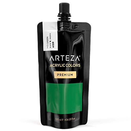 ARTEZA Acrylic Paint Mid Green Color (120 ml Pouch, Tube), Rich Pigment, Non Fading, Non Toxic, Single Color Paint for Artists & Hobby Painters - color: Mid Green A159, size: 4.06 Fl Oz (Pack of 1)