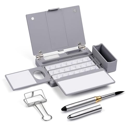 Fuumuui Travel Watercolor Palette Box, All-in-One Portable Watercolor Kit with 24 Empty Removable Half-pan Grids, Travel Brush, Watercolor Cup and Clip - Plein Air Set for Right Hand Artists - style: Right