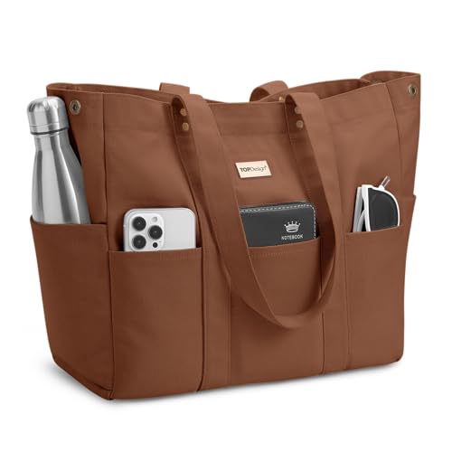 TOPDesign Large Canvas Tote Bag for Women, Shoulder Bag with Laptop Sleeve & Pockets, Everything Tote for Travel, Work (Brown) - color: Brown