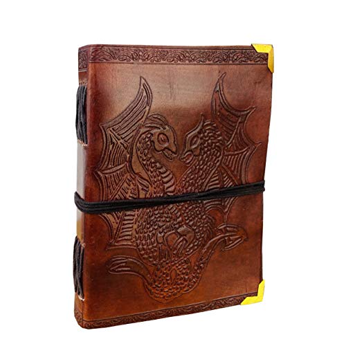 AzureGreen DOUBLE DRAGON Blank Page BOOK Handcrafted Leather Writing Unlined 5 x 7 JOURNAL (Brown Golden Corner) - color: Brown Golden Corner