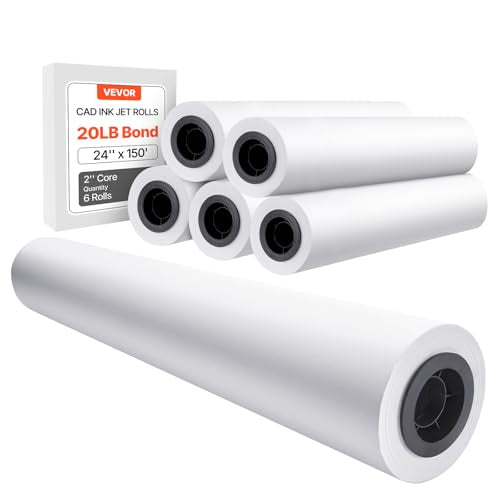 VEVOR 24 in x 150 ft Plotter Paper, 6 Rolls, 20 LB Bond, Architectural D/E, 2496 Sheets, White, Uncoated, Biodegradable, 94% Opacity, Ideal for CAD, Engineering, GIS Maps & Architectural Designs - size: 24 in x 150 ft, style: 6 Rolls