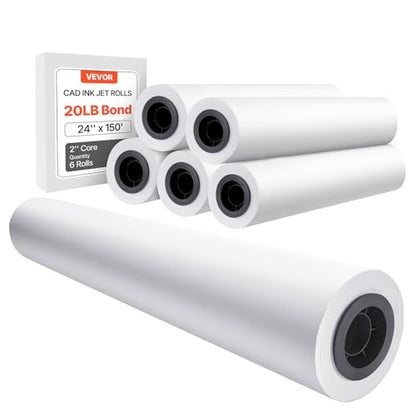 VEVOR 24 in x 150 ft Plotter Paper, 6 Rolls, 20 LB Bond, Architectural D/E, 2496 Sheets, White, Uncoated, Biodegradable, 94% Opacity, Ideal for CAD, Engineering, GIS Maps & Architectural Designs - size: 24 in x 150 ft, style: 6 Rolls