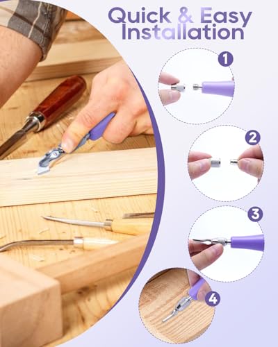 UCEC 1+1+1+12 Pack Linocut Carving Tools Linoleum Cutter for Block Printing Supplies Linocut Tools & Beginners 6 Blades Universal Size Purple With A Brayer Roller(4 Inch)