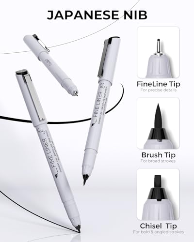 JusArt Fineliner Pens, Ultra Fine, Fine, Brush & Chisel, 12 Sizes, Waterproof Black Pigment Art Pen for Artists, Crafters, Illustration, Sketching, Writing, Bible Journaling, Technical Drawing Pens