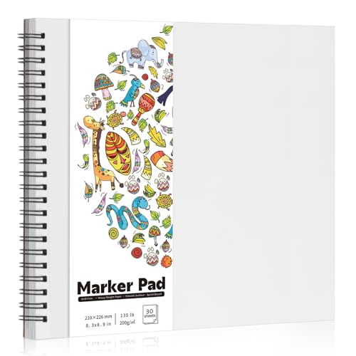 135lb/200gsm Marker Paper Pad, 8.3×8.9in Double Sided Bleedproof Sketch Pad, 30 Sheets Art Paper Spiral Sketchbook, Smooth Painting Coloring Alcohol Marker Paper for DIY, Gift - size: 8.3×8.9 Inch (1 Pack)