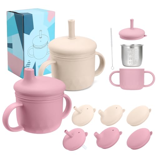 2PCS Stainless Steel Sippy Cups for Toddlers1-3, Baby Straw Cups for 6+Month Old with Travel Lid, Silicone Straw, Replacement Straw & Cleaning Brush-8oz Toddler Cups Spill Proof Set Pink+Rice White - color: Beige/Pink