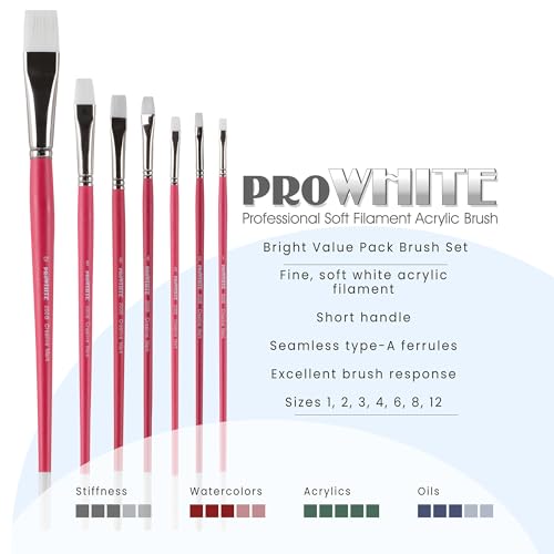 Creative Mark Pro White Soft Filament Acrylic Paint Brushes - Assorted Bright Set of 7 - Seamless Ferrule - Short Wood Handle Brushes for Acrylic Painting Acrylic Gouache, Oils & Casein