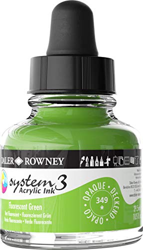Daler-Rowney System3 Acrylic Ink Bottle Fluorescent Green 29.5ml - Versatile Acrylic Ink for Artists and Students - Opaque Calligraphy Ink for Drawing Illustrating Airbrushing Dip Pen Ink and More