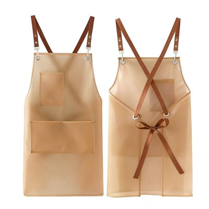 2 Pack Waterproof Translucent Apron with Large Pockets,Cross Back Apron Cooking Apron for Dishwashing,Cleaning Fish, - color: White&brown