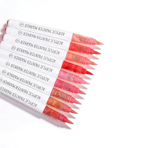 Red Acrylic Paint Markers, 9 Colors Acrylic Paint Pens Water Based and Soft Brush Tip for Wood Glass Eggs Rock Painting Canvas Stone Fabric DIY Crafts Art Supplies (Red) - color: Red