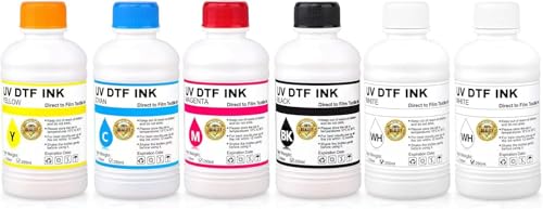 6X 250ML White Premium UV DTF Ink,Refill Ink for EP-Printheads Ep XP600 TX800 i1600 i3200 L805 1390 DX5 DX6 DX7 DX10 and More UV Sticker Printer (2*White+Black Cyan Magenta Yellow)