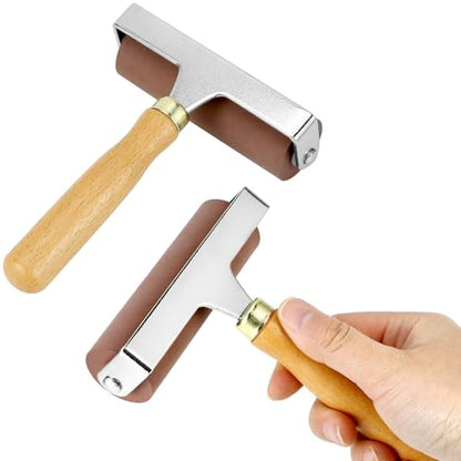 QWORK 4-Inch Soft Rubber Brayer Roller, Brown Solid Ink Roller for Anti-Skid Tape Application, Printmaking, Stamping and Crafting, Heavy Duty Manual Rolling Tool for Even Pressure