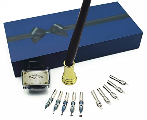 Plotube Wooden Pen Calligraphy Set - Dip Pen Gift Writing Case - Black Ink Bottle & Golden Holder & 11 Nibs and Beginner's Manual - color: Black