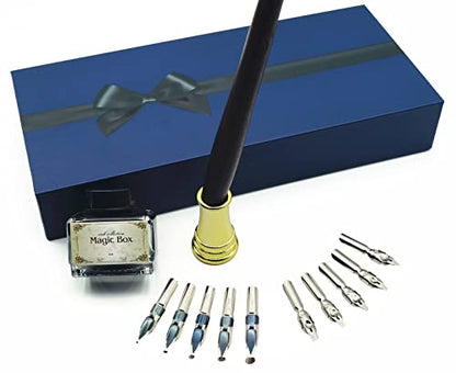 Plotube Wooden Pen Calligraphy Set - Dip Pen Gift Writing Case - Black Ink Bottle & Golden Holder & 11 Nibs and Beginner's Manual - color: Black
