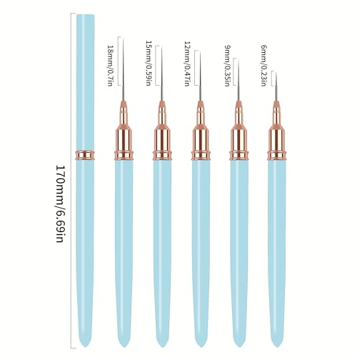 5PCS Liner Brushes for Nails, Nail Art Liner Brushes Set, 6/9/12/15/18mm Thin Detail Brush for Long Lines & Fine Drawing, UV Gel Polish Painting Nail Design Tools- Light Blue - color: Light Blue