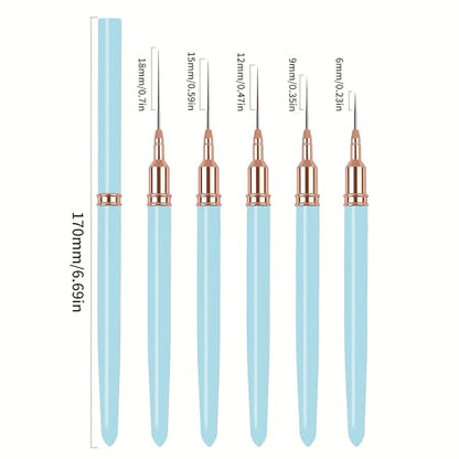 5PCS Liner Brushes for Nails, Nail Art Liner Brushes Set, 6/9/12/15/18mm Thin Detail Brush for Long Lines & Fine Drawing, UV Gel Polish Painting Nail Design Tools- Light Blue - color: Light Blue