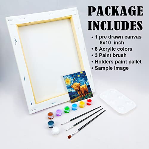 VOCHIC Canvas Painting Kit Pre Drawn Canvas for Painting for Adults Party Kits Paint and Sip Party Supplies 8x10 Canvas to Paint Starry Sky Highland Cow Art Set