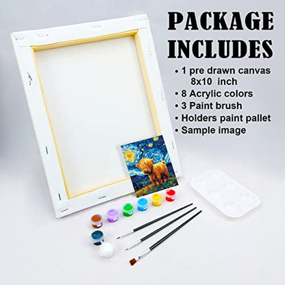 VOCHIC Canvas Painting Kit Pre Drawn Canvas for Painting for Adults Party Kits Paint and Sip Party Supplies 8x10 Canvas to Paint Starry Sky Highland Cow Art Set