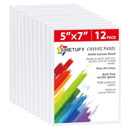 Simetufy 12 Pack 5x7 Inch Small Flat Canvas Boards for Painting, Gesso Primed Acid-Free 100% Cotton Blank Canvas Panels for Kids, Non Toxic - size: 5"x7"