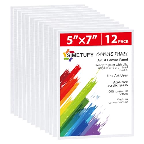 Simetufy 12 Pack 5x7 Inch Small Flat Canvas Boards for Painting, Gesso Primed Acid-Free 100% Cotton Blank Canvas Panels for Kids, Non Toxic - size: 5"x7"