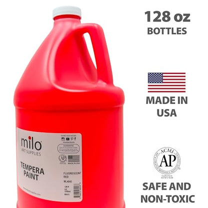 milo Fluorescent Red Neon Tempera Paint | 128 oz Bottle, 1 Gallon | Glows UV in Black Light | Non-Toxic Made in USA | Washable Bulk Art Paint for Party, Student, Classroom, Artist - color: Fluorescent Red