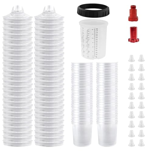 Disposable Paint Spray Gun Cup Liners & Lid System, 50 Standard 27 Ounce (800ml) Kit - 190 Mic- 50 Cup Liners, 50 Lids with Strainer, 1 Hard Cup with Retainer Ring 20 Plugs,2 Cup Adapters - size: 27 Ounce (190Mic) Kit-50PCS+2 Adapters