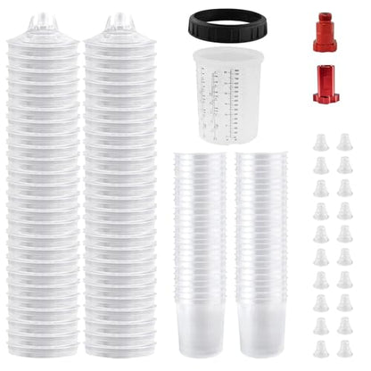 Disposable Paint Spray Gun Cup Liners & Lid System, 50 Standard 27 Ounce (800ml) Kit - 190 Mic- 50 Cup Liners, 50 Lids with Strainer, 1 Hard Cup with Retainer Ring 20 Plugs,2 Cup Adapters - size: 27 Ounce (190Mic) Kit-50PCS+2 Adapters