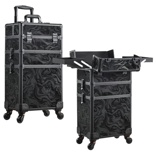 FRENESSA 3 in 1 Rolling Makeup Case Cosmetology Case on Wheels Alpine Black | Cosmetic Trolley Large Storage with Keys 360° Swivel Salon Barber Case Traveling Cart Trunk for Artist Hairstylists Nail Tech - color: Alpine Black