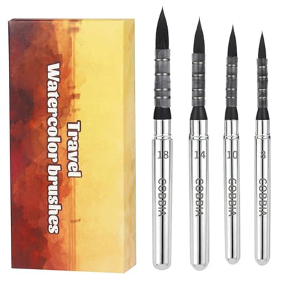 Synthetic Soft Squirrel Mop Round Fine Tip Quill Watercolor Travel Brushes with Leather Pouch for Art Painting, Gouache, Acrylic Painting Oil Painting（4pcs）