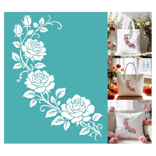 2 Sheets Rose Vine Floral Silkscreen Stencil, Vintage Flower Border Self-Adhesive Silk Screen Printing Stencils Reusable Mesh Stencil for Painting on Wood, T-Shirt, Home Craft - color: Rose Vine