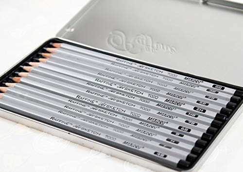 Graphite Pencils Kit Marco Raffine Sketch - Set of 12 Ebony Drawing Supplies 2H, H, F, HB, B, 2B, 3B, 4B, 5B, 6B, 7B, 8B In Tin Box. Perfect for Sketching, Shading. Suitable for School, Artists.