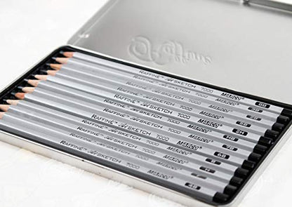 Graphite Pencils Kit Marco Raffine Sketch - Set of 12 Ebony Drawing Supplies 2H, H, F, HB, B, 2B, 3B, 4B, 5B, 6B, 7B, 8B In Tin Box. Perfect for Sketching, Shading. Suitable for School, Artists.
