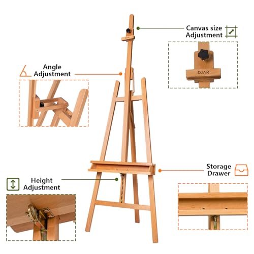 DJAR Large Painters Easel for Painting, Holds Canvas up to 49", Natural | Sturdy Solid Beech Wood Studio Floor Display Stand, Adjustable Artist Easel with Storage Tray, Ideal for Adults and Students - style: Natural A-Frame Easel