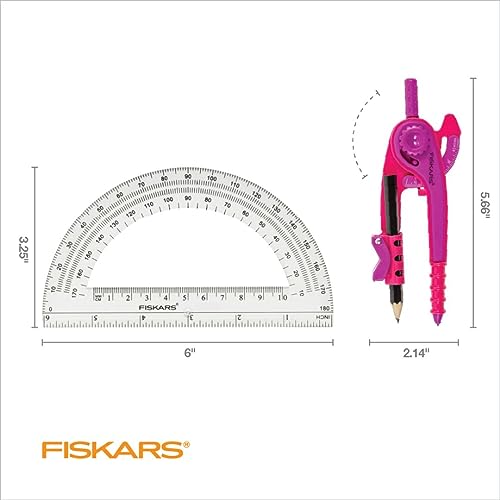 Fiskars Plastic Compass and Protractor Set, Math Geometry Kit for Kids 8+, School Supplies, Includes Pencil, Color Varies