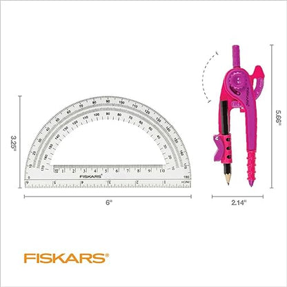 Fiskars Plastic Compass and Protractor Set, Math Geometry Kit for Kids 8+, School Supplies, Includes Pencil, Color Varies
