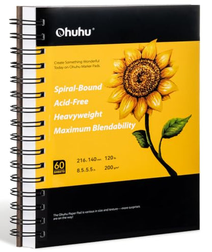 Ohuhu Marker Pad Sketchbook - 5.5"x8.5" Small Paper Size - 120 LB/200 GSM Smooth Drawing Paper - 60 Sheets/120 Pages, Spiral Bound Sketching Book for Alcohol Markers - size: 5.5" x 8.5"