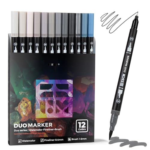 ZSCM Gray Duo Tip Marker Pens, 12 Pack Fine & Brush Markers for Adult Coloring Books No Bleeding, Neutral Gray Markers for Shading, Urban Sketches, Architectural Drawings and Realistic Textures - color: 12 Gray