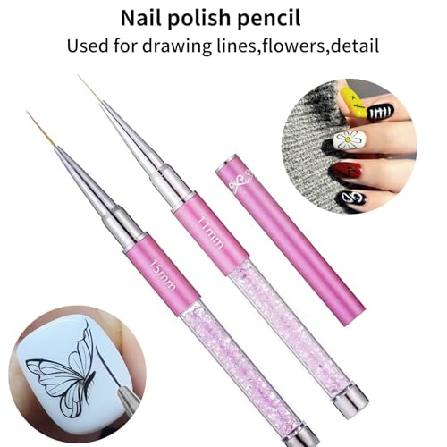2Pcs Super Fine Nail Art Liner Brush Set, Size 11mm & 15mm Nail Striper Brushes with Purple Crystal Handle, Professional Fine Detail Nail Brushes for Gel Polish French Manicure Intricate Designs - color: 2PCS Liner Brush
