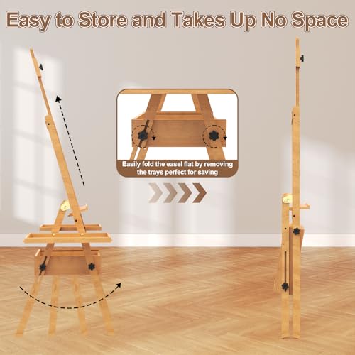 Large Beech Wood H-Frame Easel, Painting Easel for Adults with Storage Box and Palette, Multi-Function Studio Easel, Professional Foldable Artist Easel Stand for Painting, Holds Canvas Art up to 36" - color: Natural