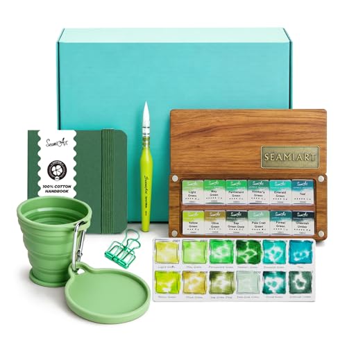 SEAMIART Professional Watercolor Paint Set - Botanical Green Tones - 12 Colors Watercolor Travel Kits with Wood Palette, Portable Paint Art Kit for Adults Artists Landscape & Plein Air Painting - color: Oasis-green
