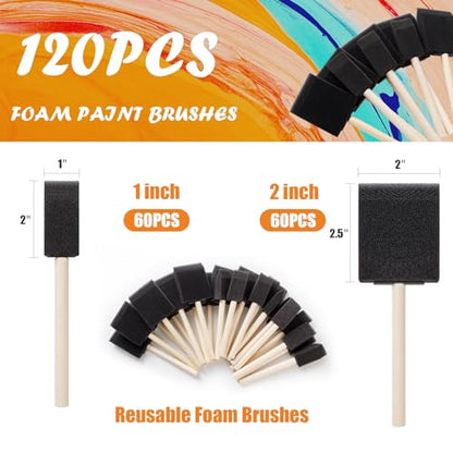 120 Pcs Foam Paint Brushes, 1” and 2” Foam Brush with Wood Handle, Bulk Sponge Brushes for Painting, Foam Art Paintbrushes Set for Staining, Varnishing, Finishing, Touchup and DIY Craft Projects - size: 1Inch-60Pcs and 2Inch-60Pcs