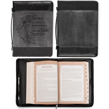 Christian Art Gifts Classic Faux Leather Bible Cover for Men and Women: Be Strong and Courageous - Joshua 1:9 Inspirational Bible Verse with Lion, Gray and Black, Large - size: Large